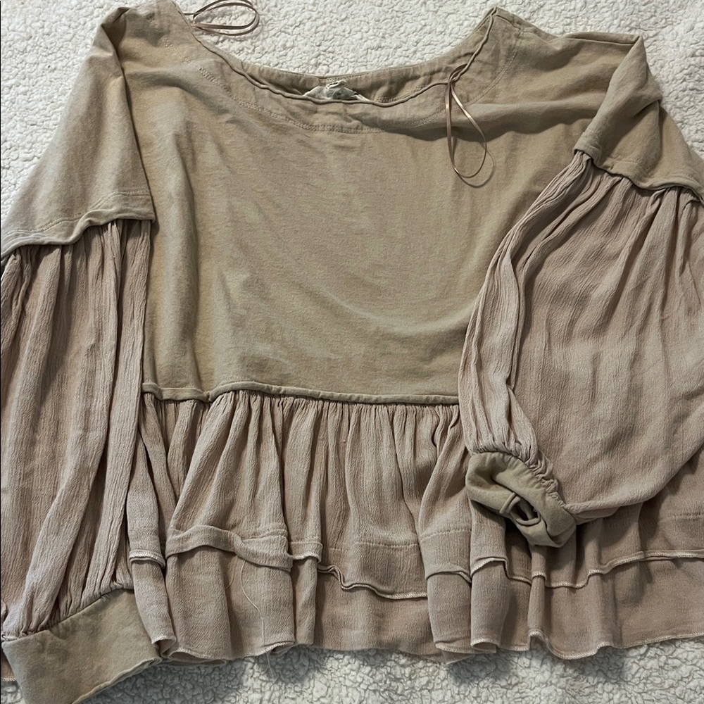 Vine & Love Beige Ruffle Sleeve Blouse